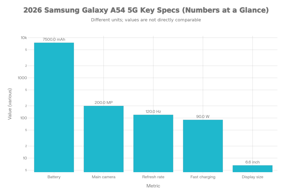 2026 Samsung Galaxy A54 5G with 7500mAh Battery & 200MP Camera – Value Deal in the Mid-Range Segment 2 Key Specs